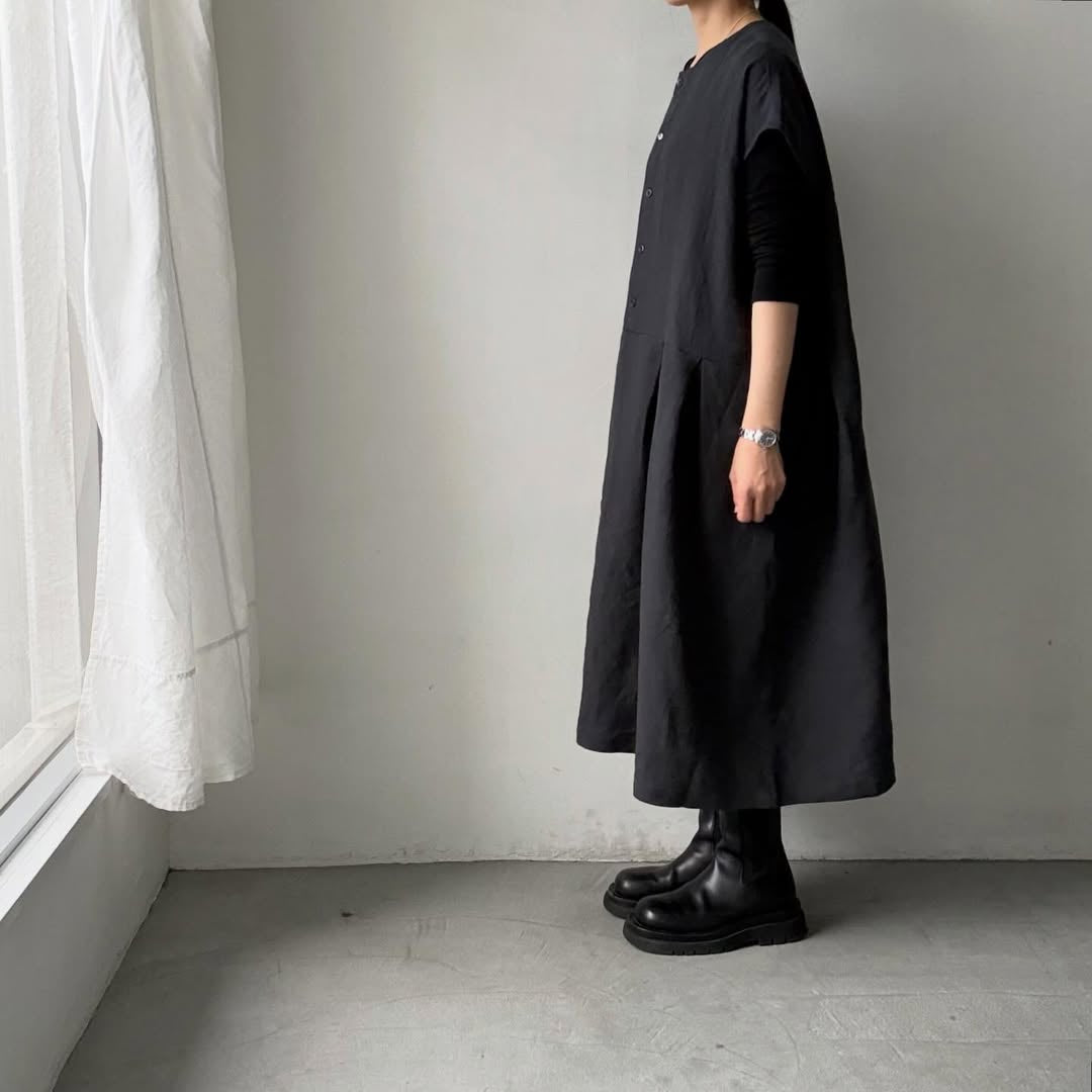 Linenya  リネンフレンチスリーブワンピース　チャコール