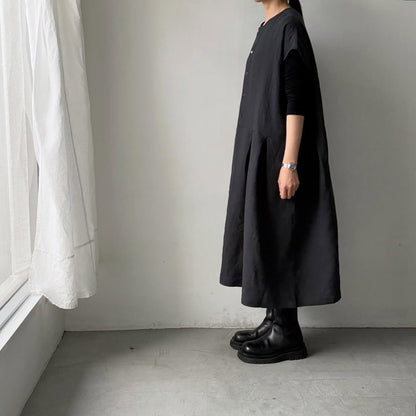 Linenya  リネンフレンチスリーブワンピース　チャコール