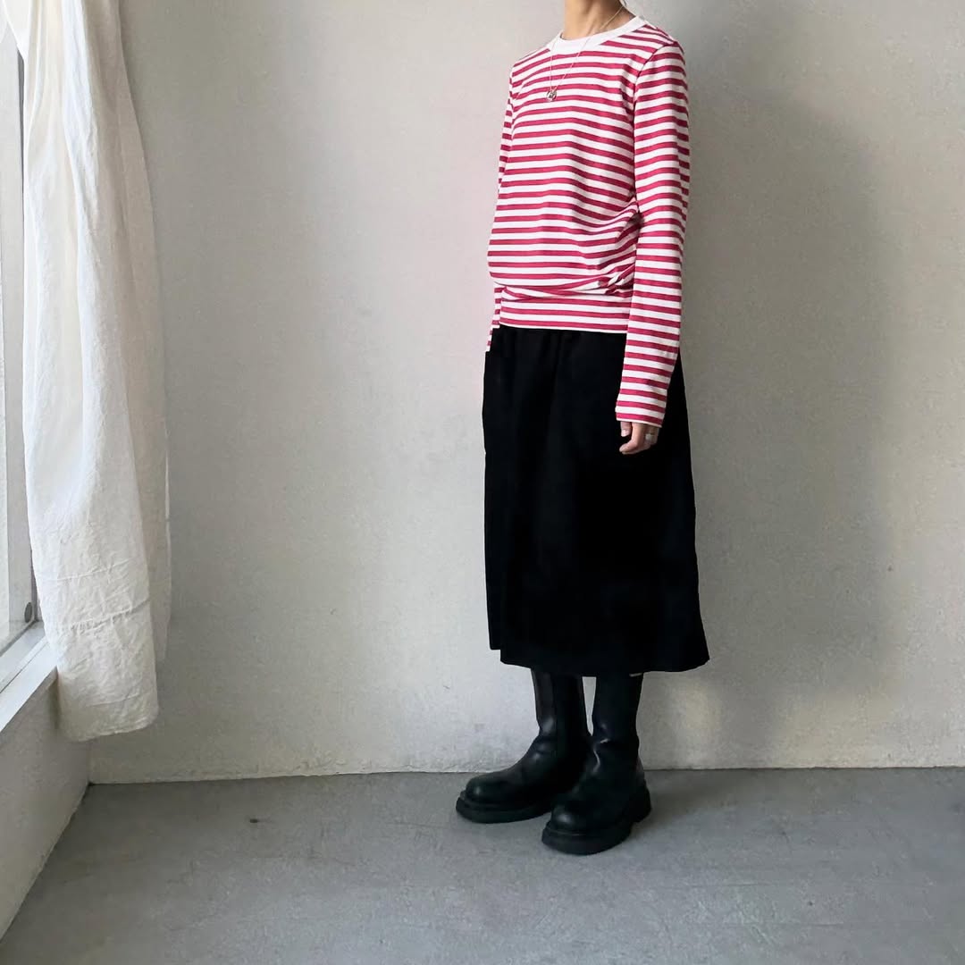 R&D.M.Co 裏起毛ボーダークルーネック長袖Tシャツ　ホワイト×ピンク