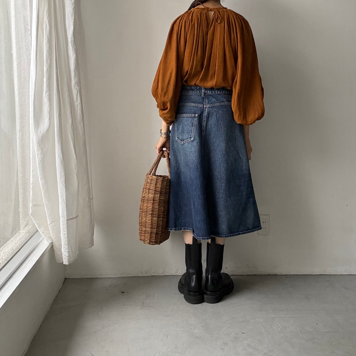 R&D.M.Co  コットンレーヨンシャツコールギャザースモックブラウス