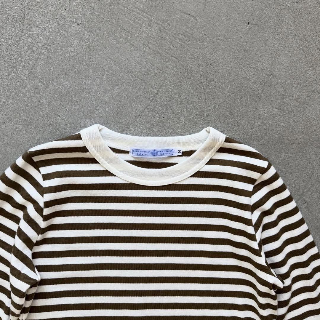 R&D.M.Co 裏起毛ボーダークルーネック長袖Tシャツ　ホワイト×カーキ