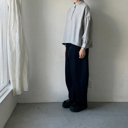 Linenya  コットンリネンウール長袖スタンドカラーブラウス