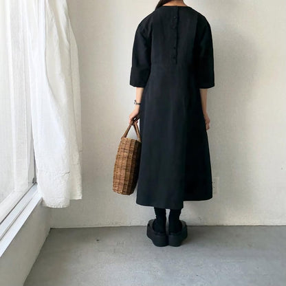 MAGALI ハイカウントコットンリネングレースドレス　ブラック