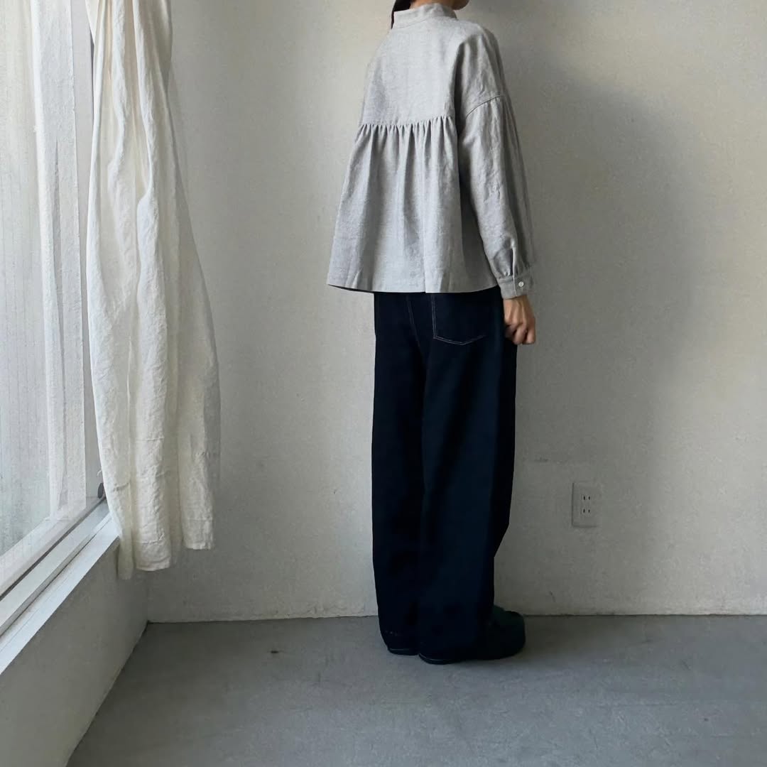 Linenya  コットンリネンウール長袖スタンドカラーブラウス