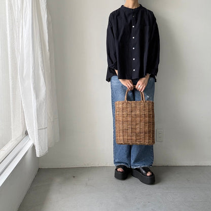 Linenya  リネンコットン千鳥格子バンドカラー長袖シャツ