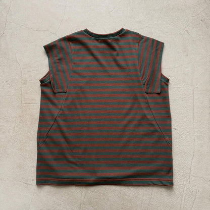 homspun  天竺ボーダーノースリーブプルオーバー　グリーン×ブラウン