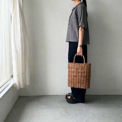 MAGALI リネンコットンギンガムフラットカラーブラウス