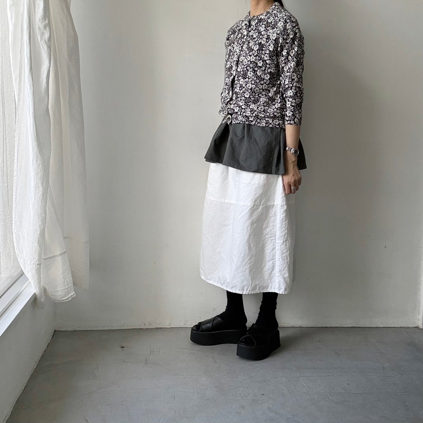 homspun  ワッフルノースリーブプルオーバー　トップグレー×グリーン