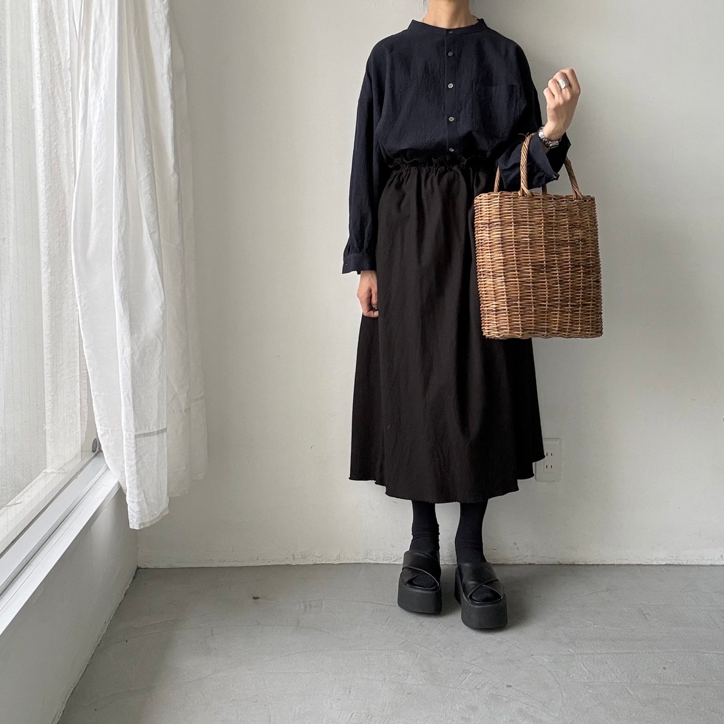 Linenya  リネンコットン千鳥格子バンドカラー長袖シャツ