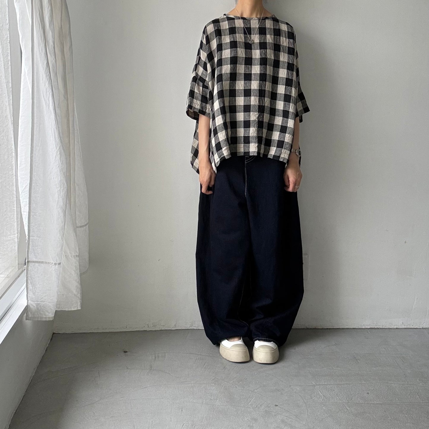 jujudhau ビッグチェックリネンワイドシャツ