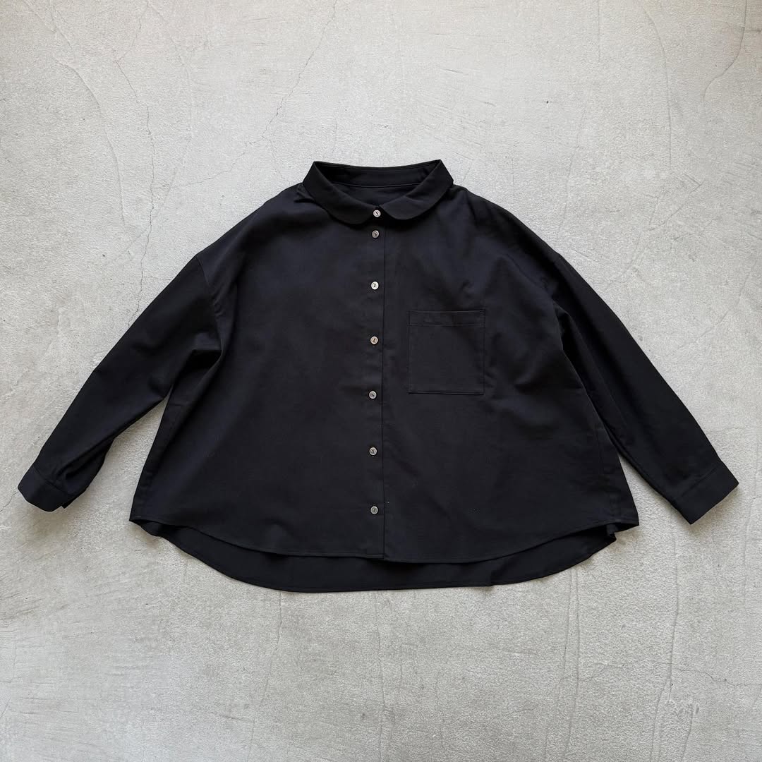 Linenya  コットン丸襟長袖ブラウス　ブラック