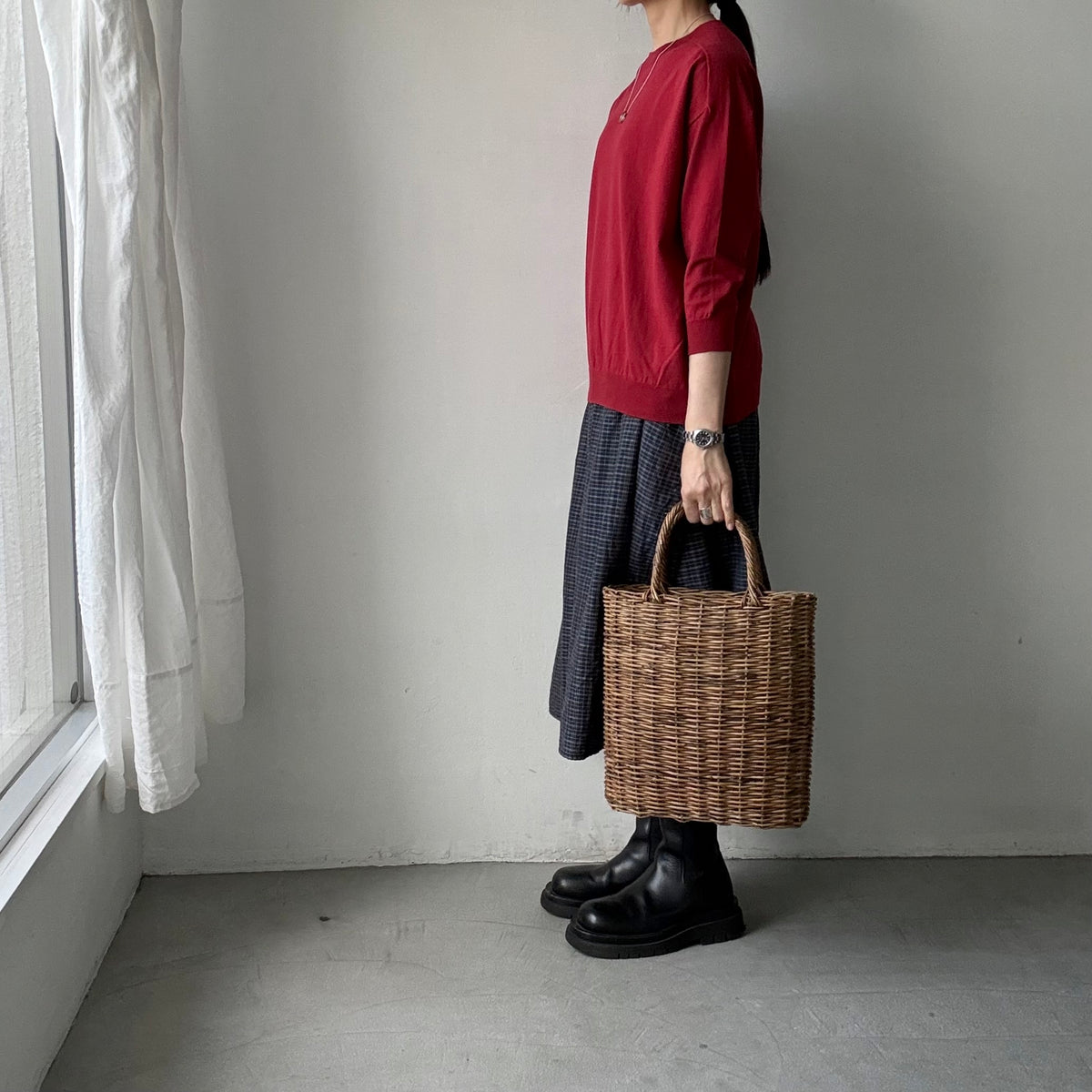 as it is.クルーネック7分袖コットンニット　レッド