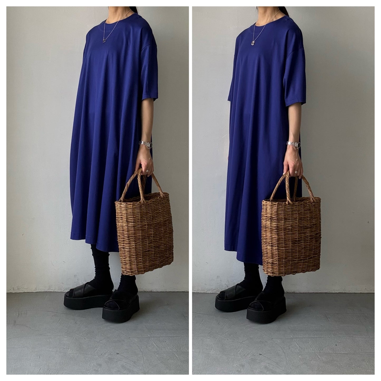 atelier naruse  コットンカットソーコクーンワンピース　ネイビーブルー