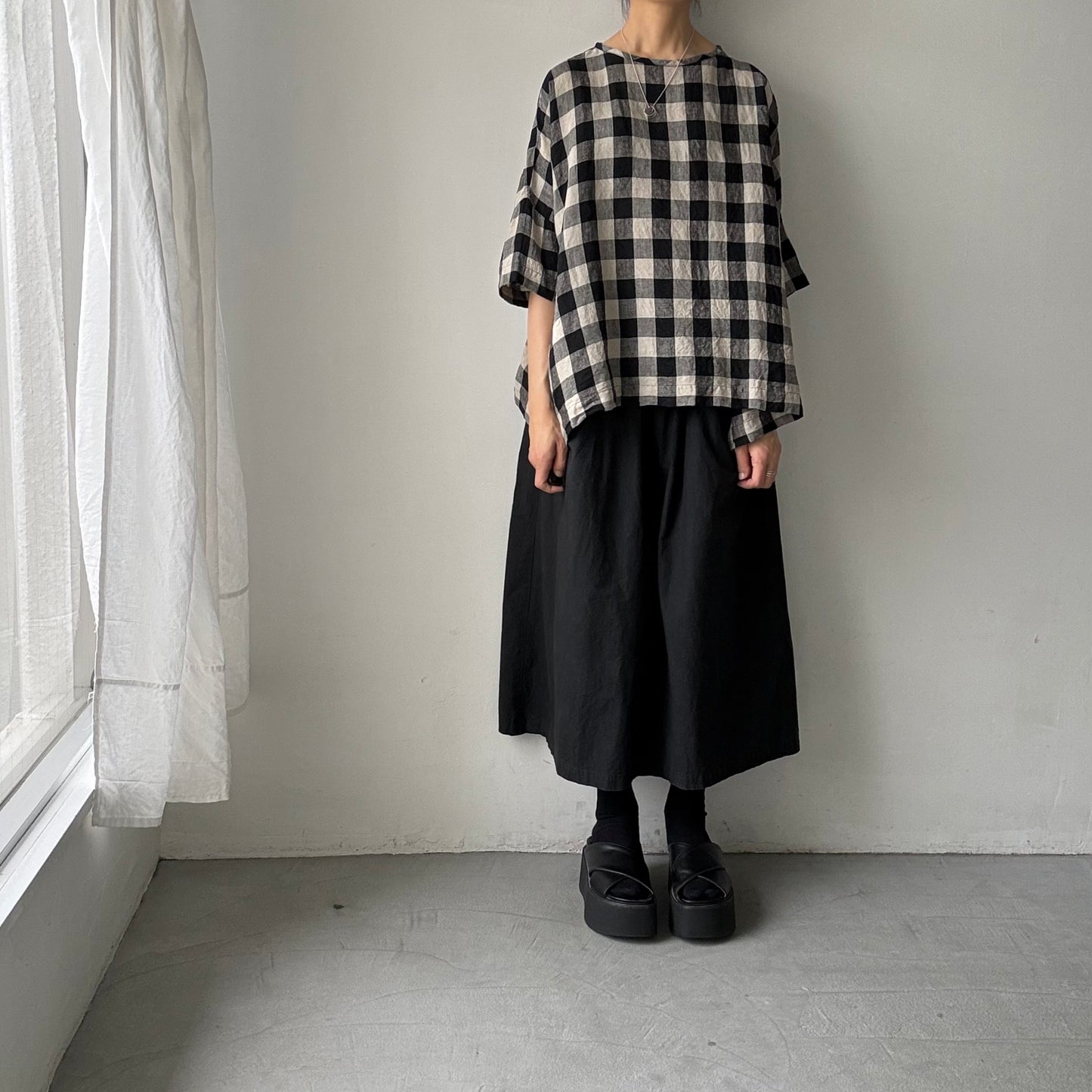 jujudhau ビッグチェックリネンワイドシャツ