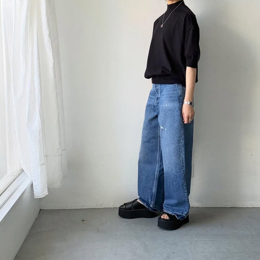 🟡木曜入荷分予約受付中🟡as it is   モックネックコットン5分袖ニット　ブラック　