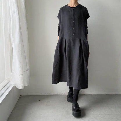 Linenya  リネンフレンチスリーブワンピース　チャコール