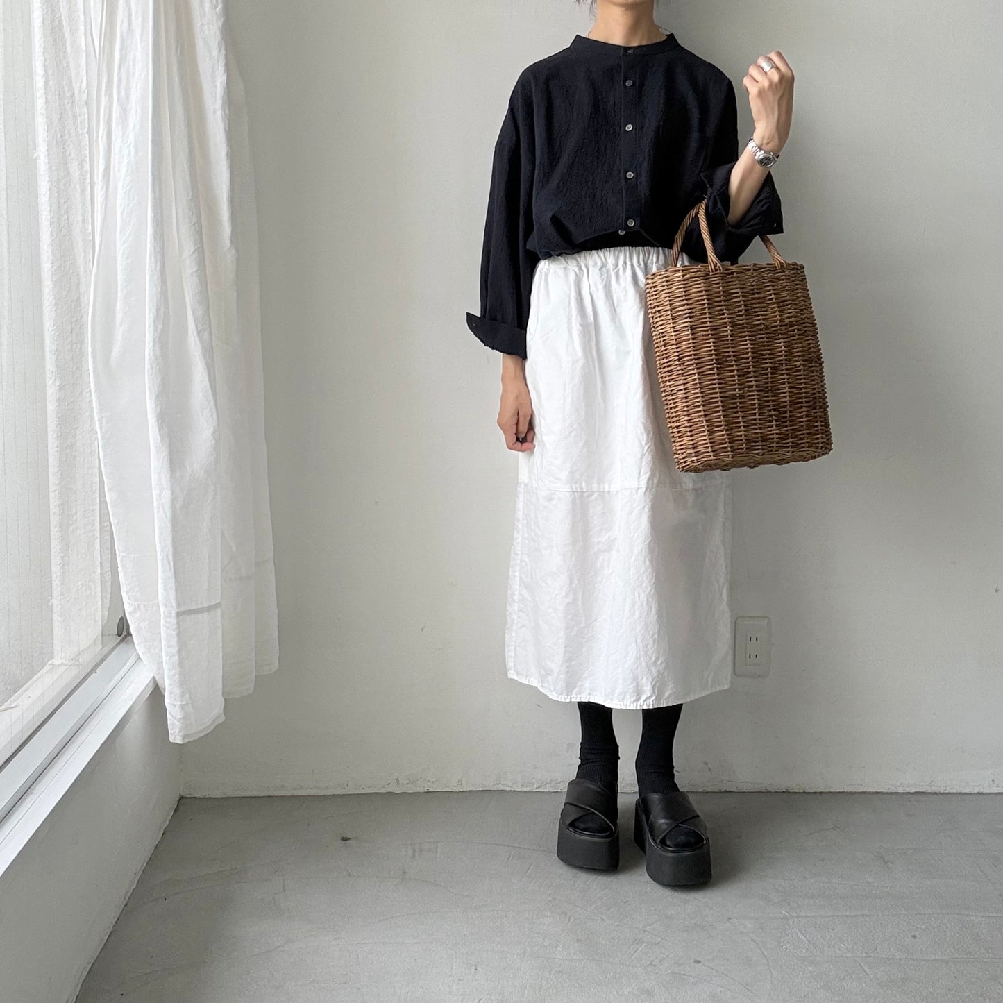 Linenya  リネンコットン千鳥格子バンドカラー長袖シャツ