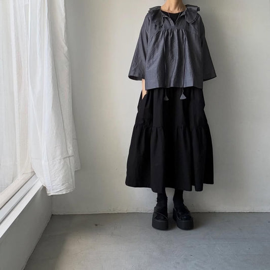 MAGALI コットンシルクブレイドフリルカラーブラウス　グレー