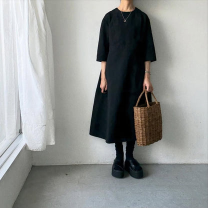 MAGALI ハイカウントコットンリネングレースドレス　ブラック