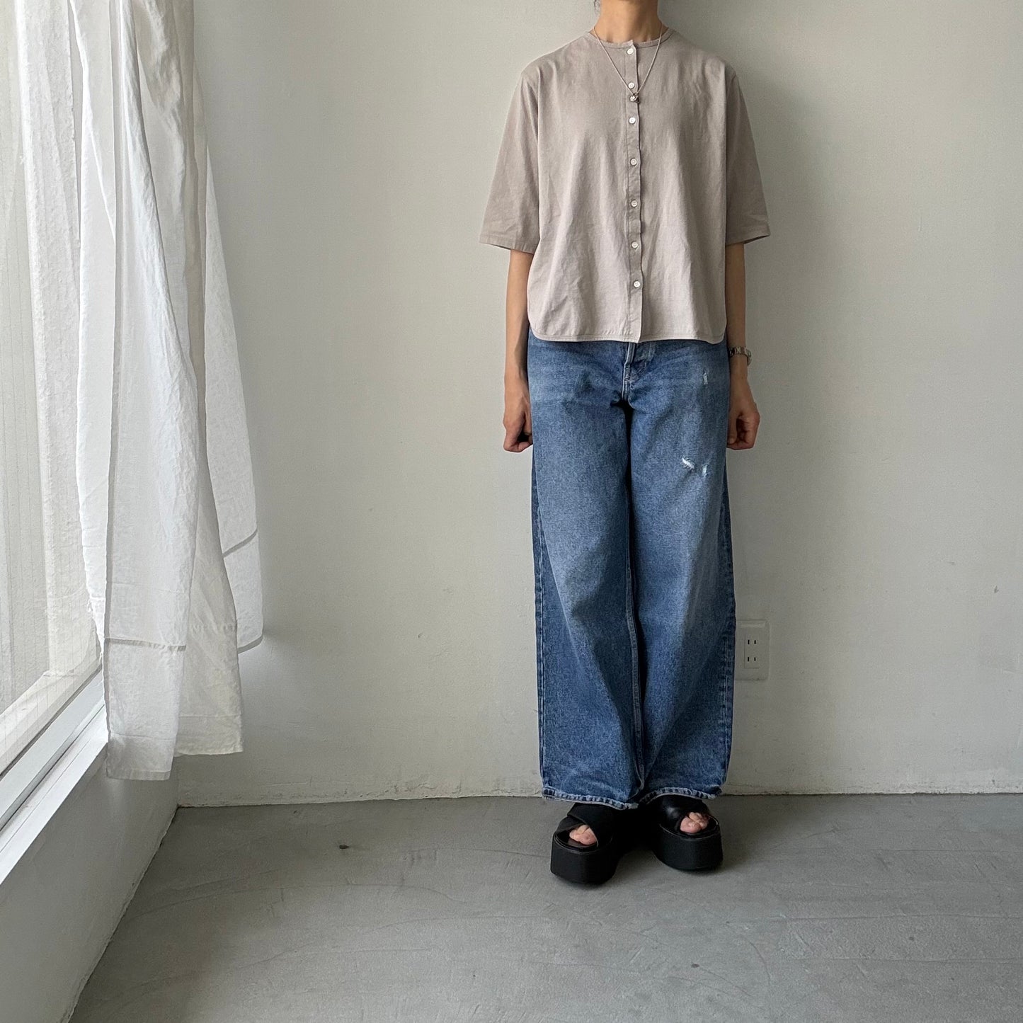 homspun 天竺5分袖カーディガン　ライトグレー
