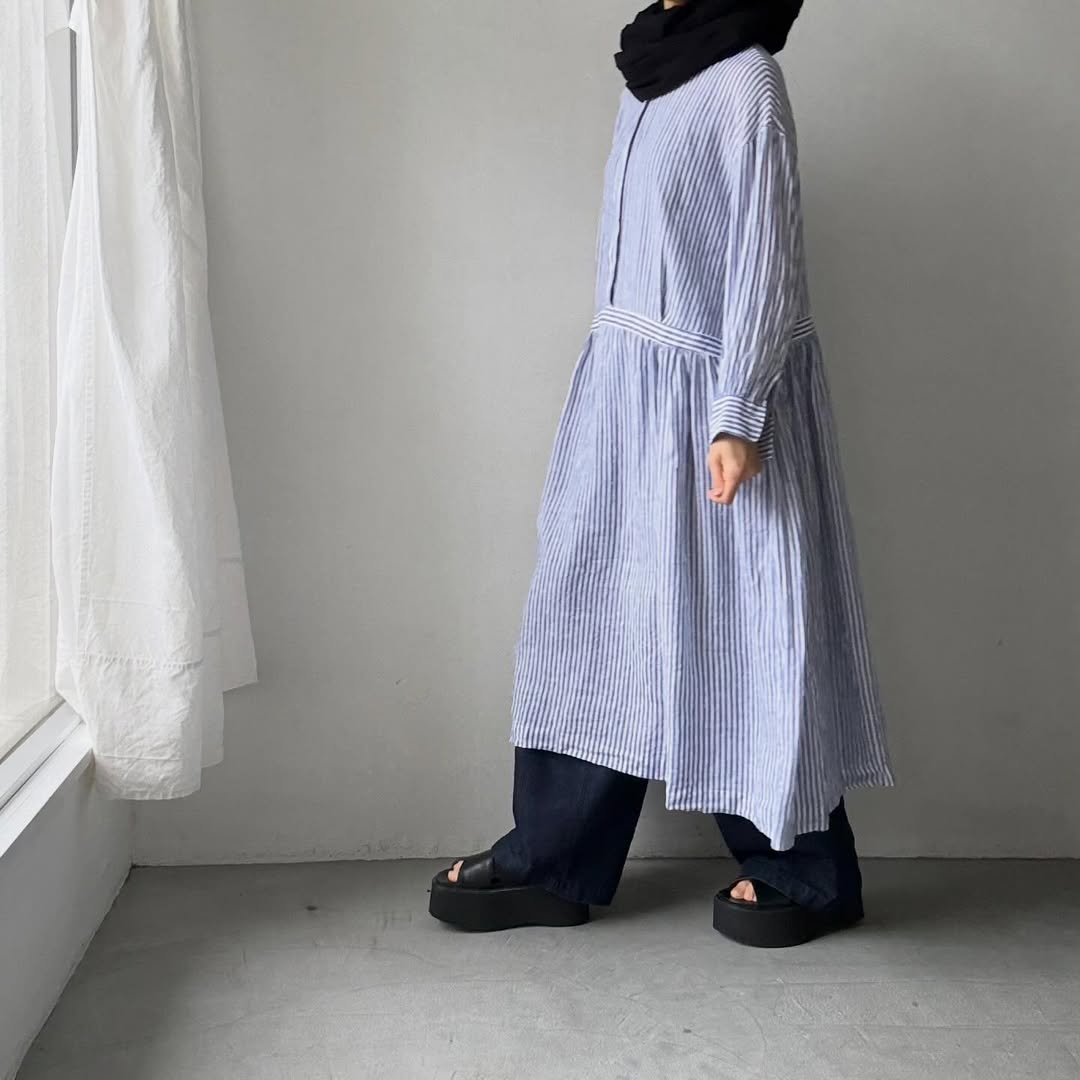 atelier naruse  リネンシャツワンピース　ストライプ