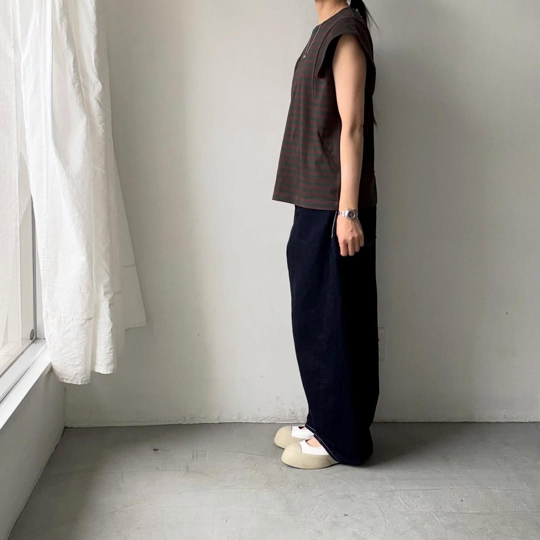 homspun  天竺ボーダーノースリーブプルオーバー　グリーン×ブラウン