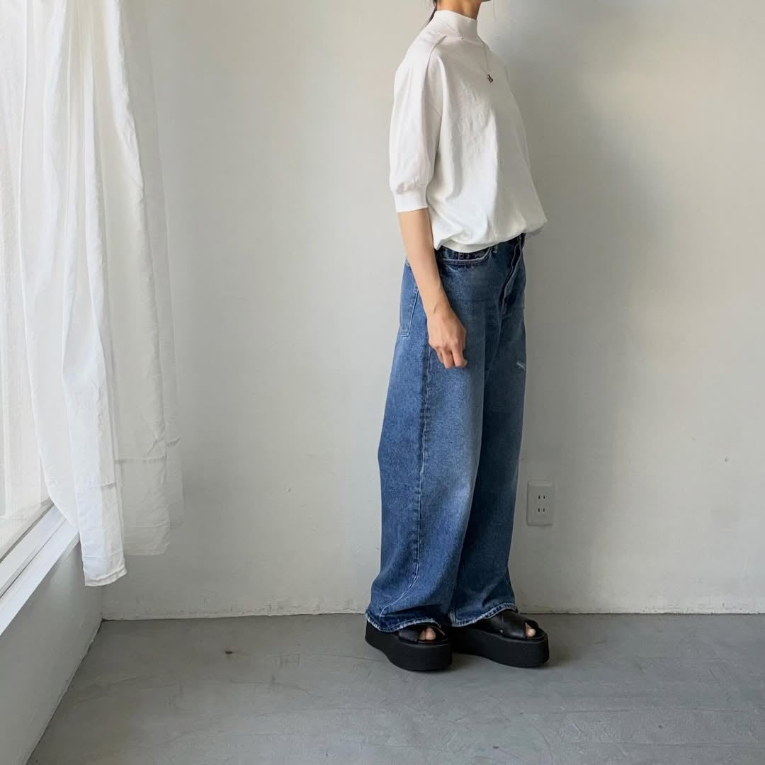 🟡木曜入荷分予約受付中🟡as it is   モックネックコットン5分袖ニット　ホワイト