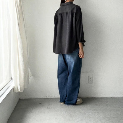 Linenya  コットンヤク丸襟長袖ブラウス　チャコール