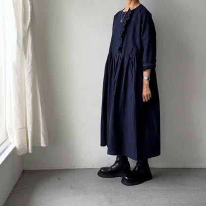 MAGALI インディゴコットンリネンフリルワンピース