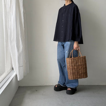 Linenya  リネンコットン千鳥格子バンドカラー長袖シャツ