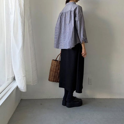 🟡週末入荷分予約受付中🟡Linenya  ギンガム丸襟長袖ブラウス　ホワイト×ブラック