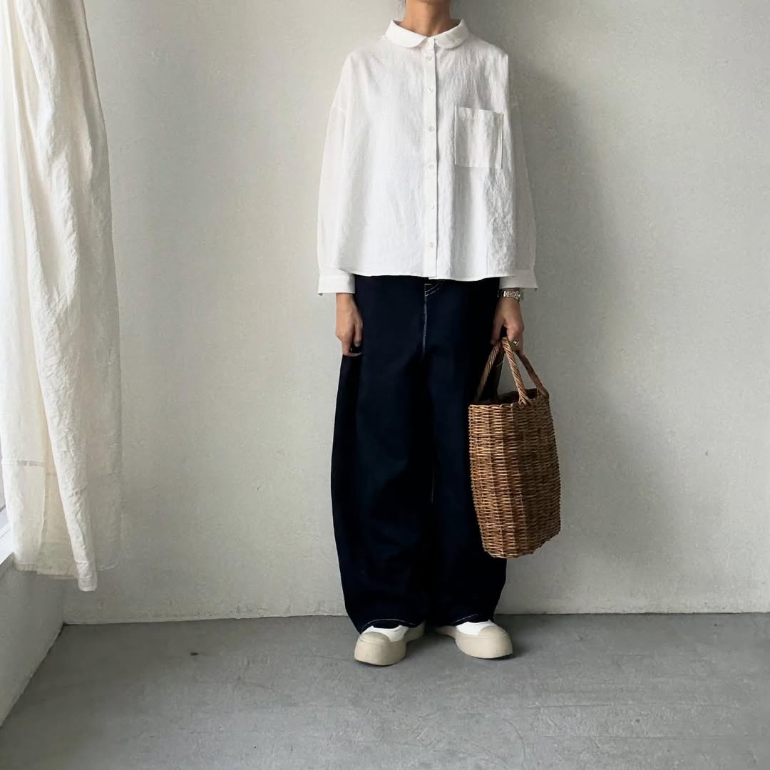 Linenya  コットン丸襟長袖ブラウス　ホワイト