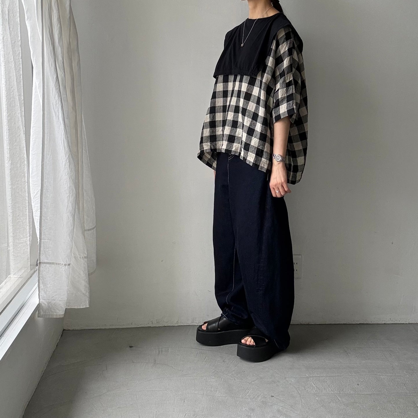 jujudhau ビッグチェックリネンワイドシャツ