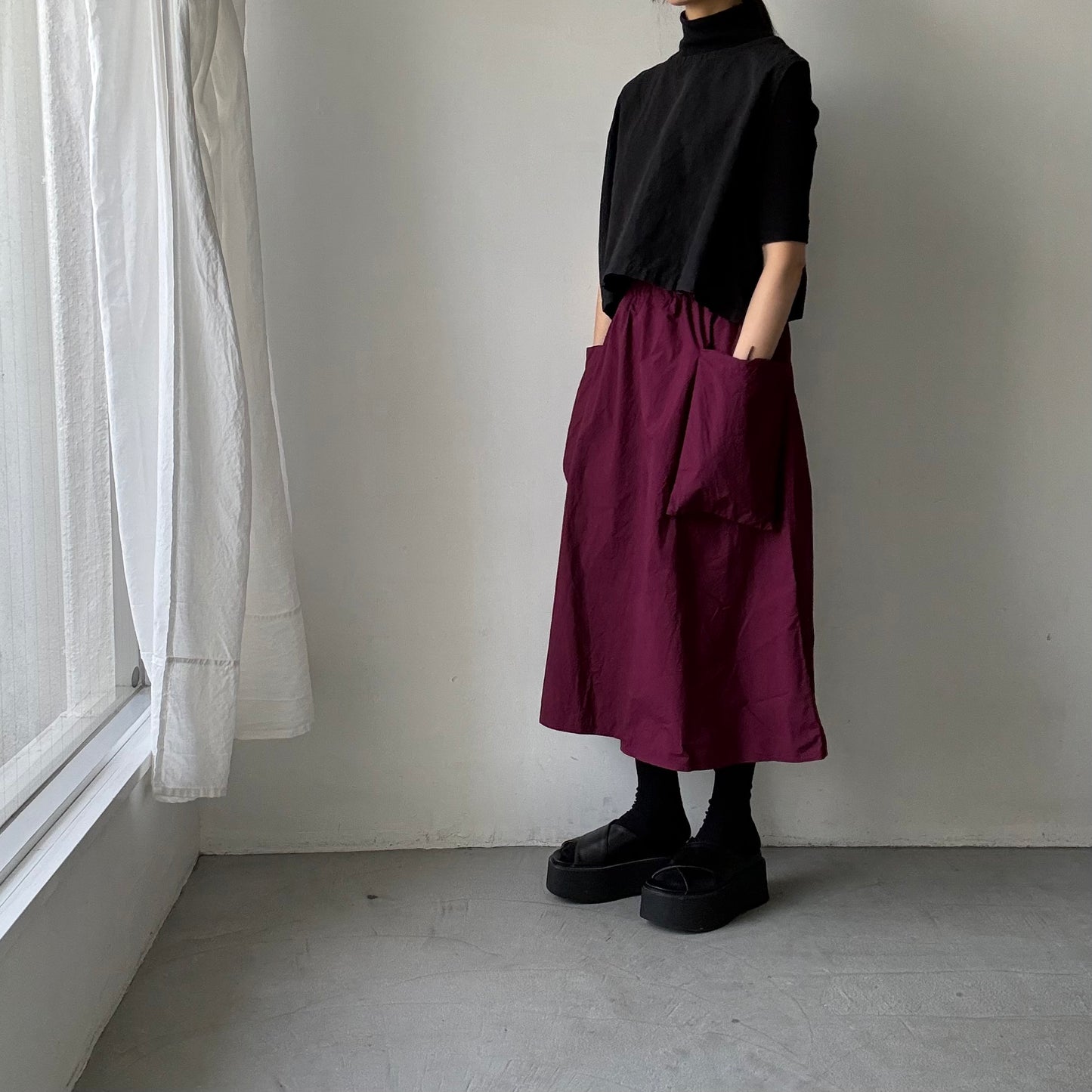 R&D.M.Co 　シュリンクコットンガーメントダイポケットスカート　プラム
