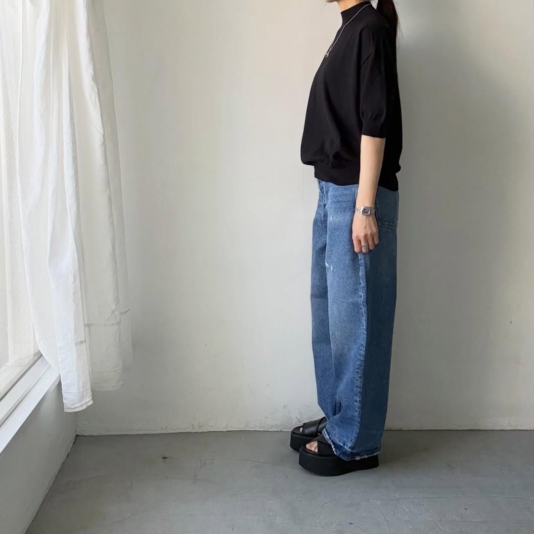 🟡木曜入荷分予約受付中🟡as it is   モックネックコットン5分袖ニット　ブラック　