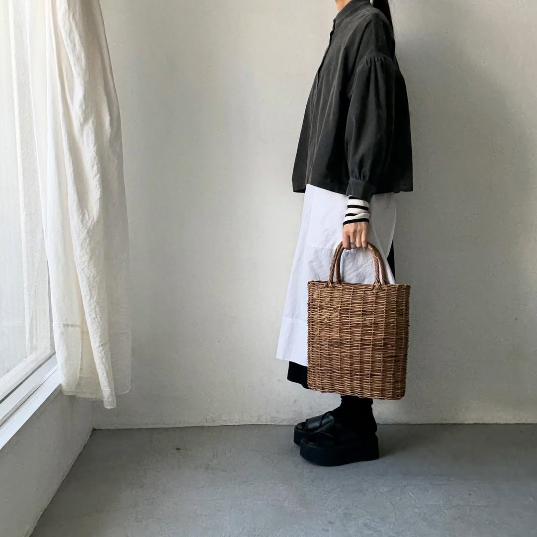 Linenya  長袖スタンドカラーブラウス　チャコール