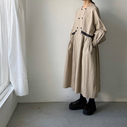 MAGALI コットンシルクストライプダブルボタンワンピース