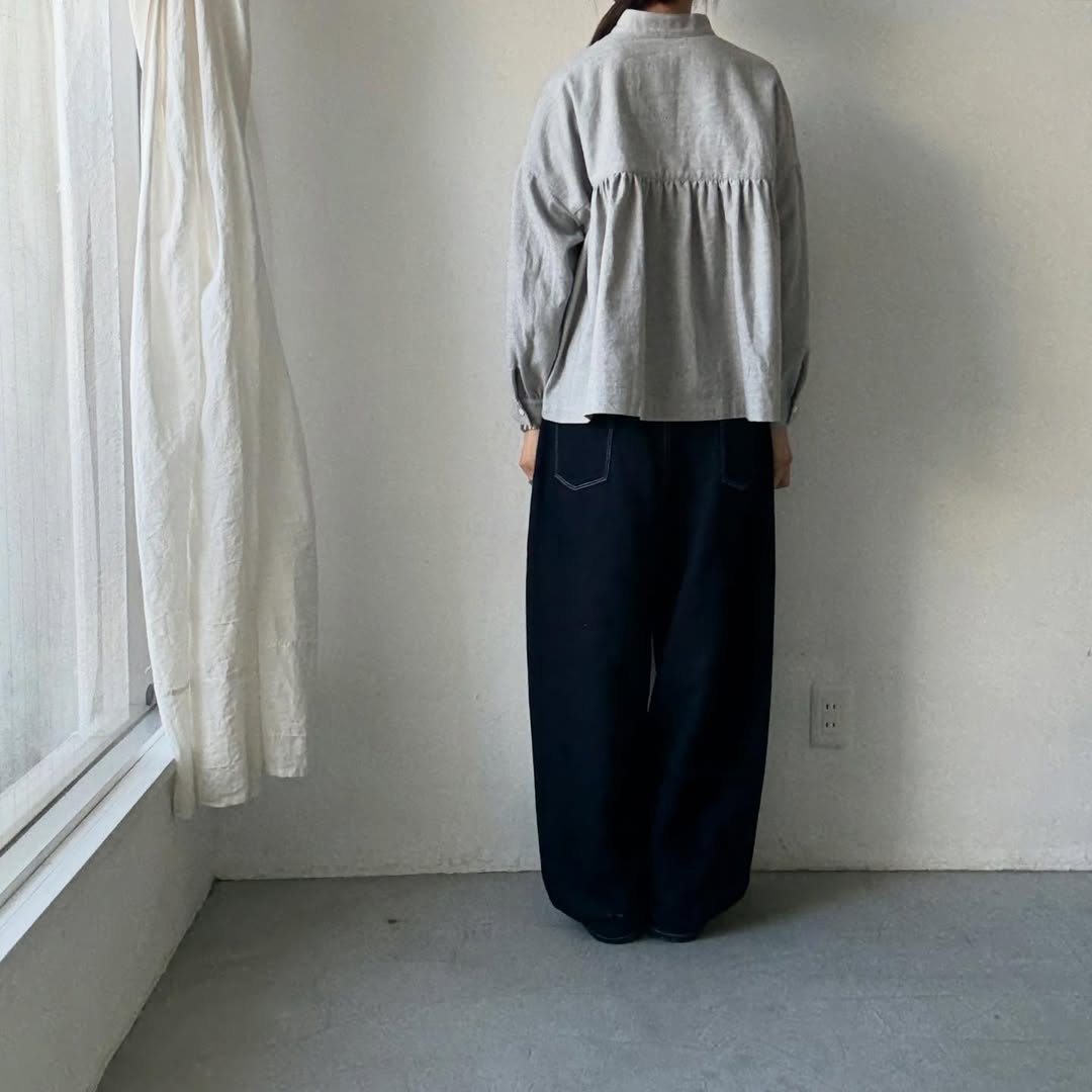 Linenya  コットンリネンウール長袖スタンドカラーブラウス