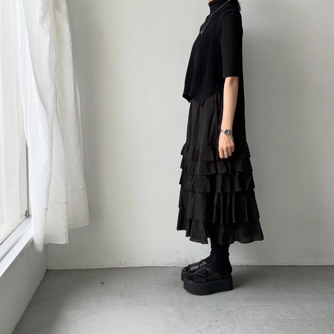 MAGALI コットンシルクブレイドティアードスカート　ブラック