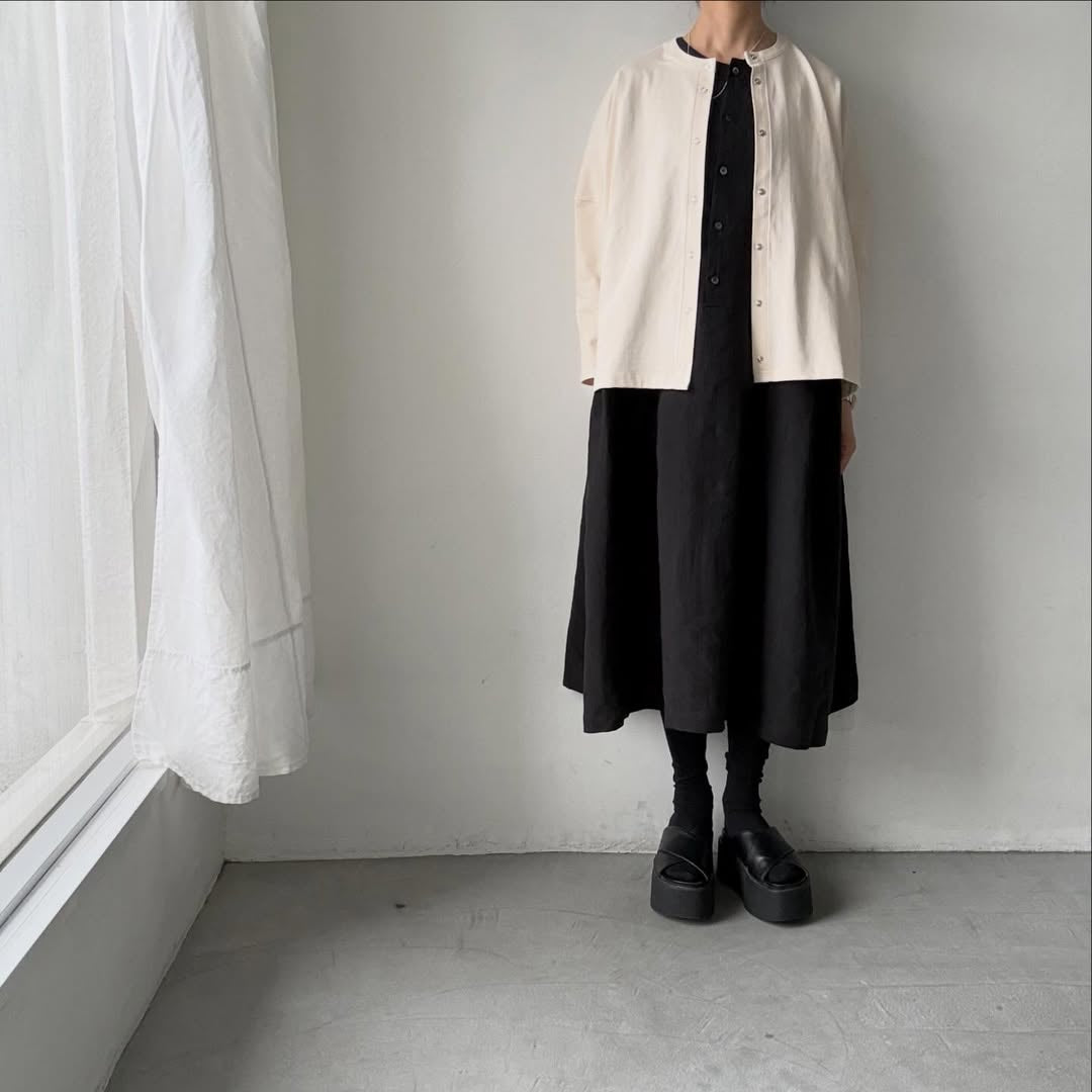 Linenya  リネンフレンチスリーブワンピース　ブラック