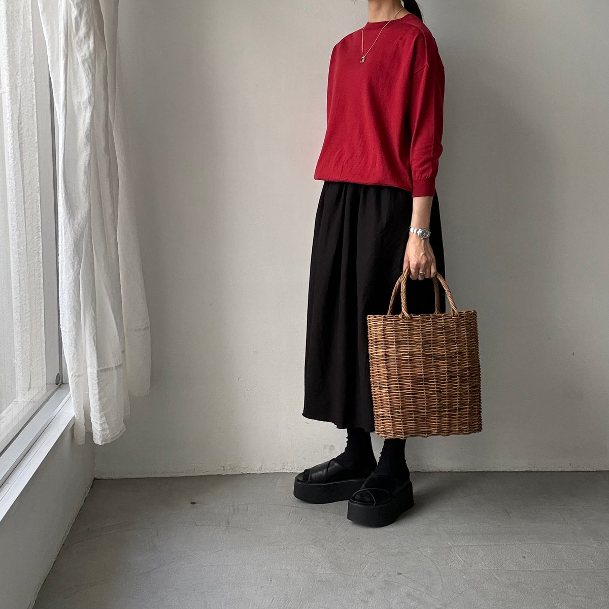 as it is.クルーネック7分袖コットンニット　レッド