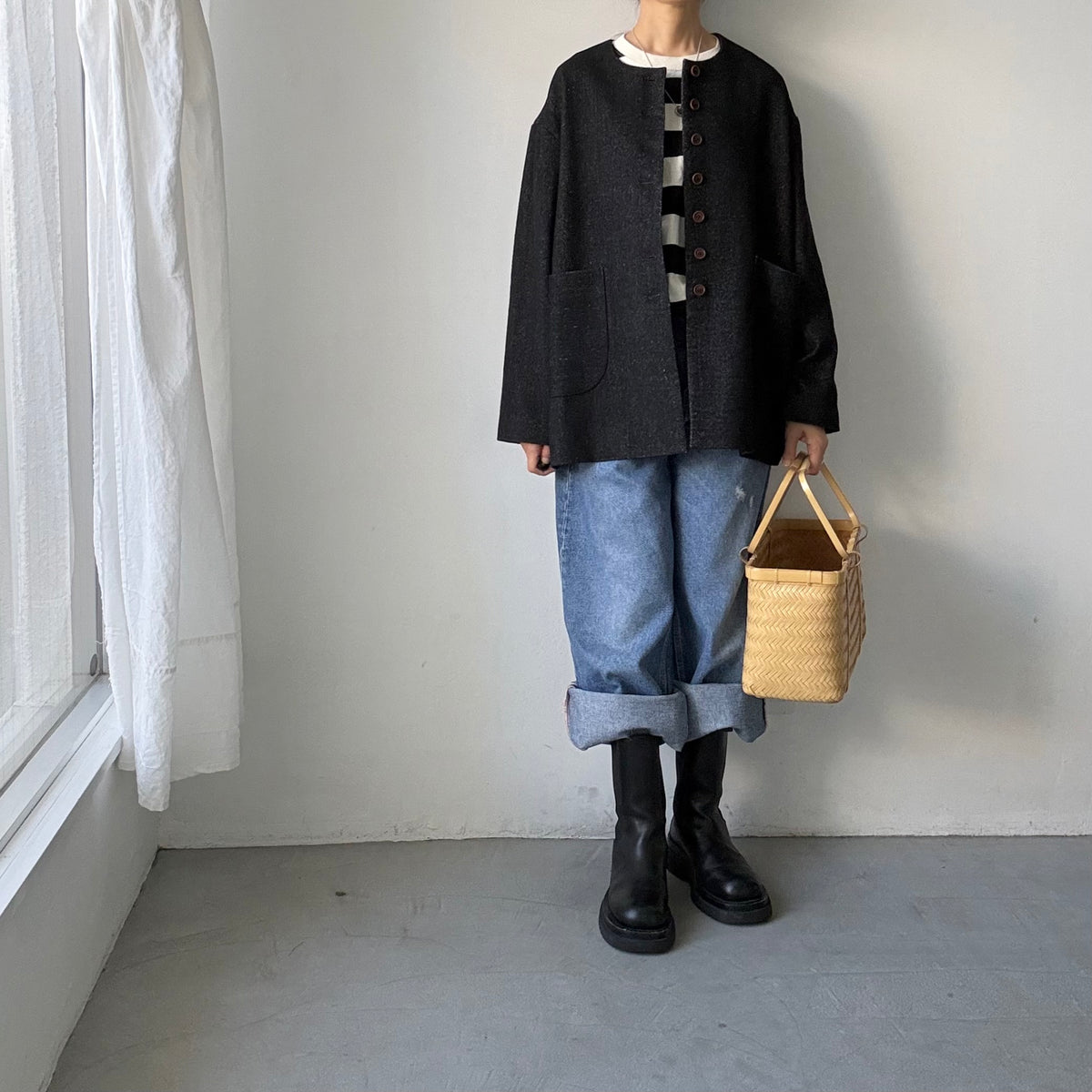 MAGALI  ウールリネンヘリンボンミディアムジャケット　ブラック