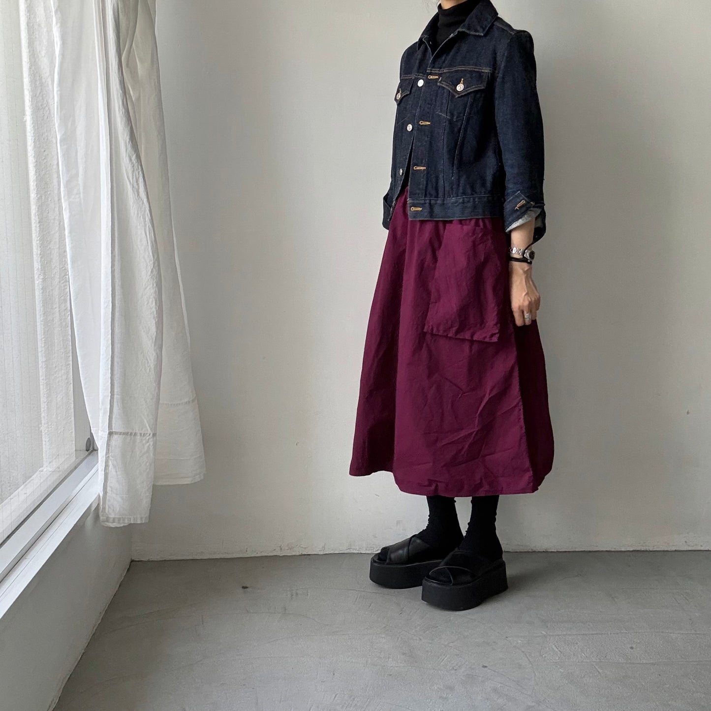 R&D.M.Co 　シュリンクコットンガーメントダイポケットスカート　プラム