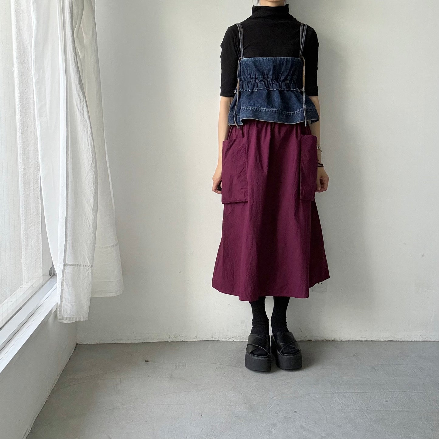R&D.M.Co 　シュリンクコットンガーメントダイポケットスカート　プラム
