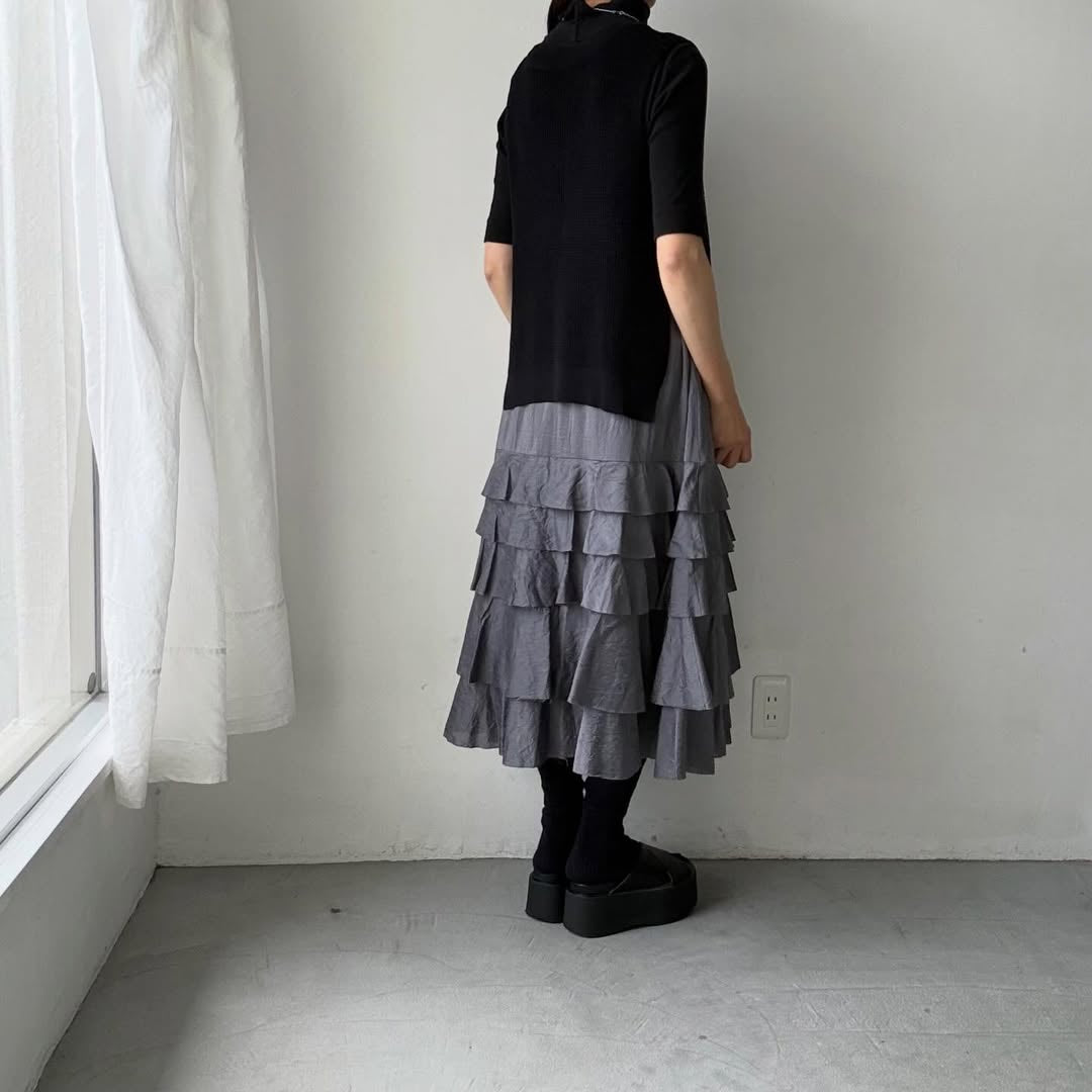 MAGALI コットンシルクブレイドティアードスカート　グレー