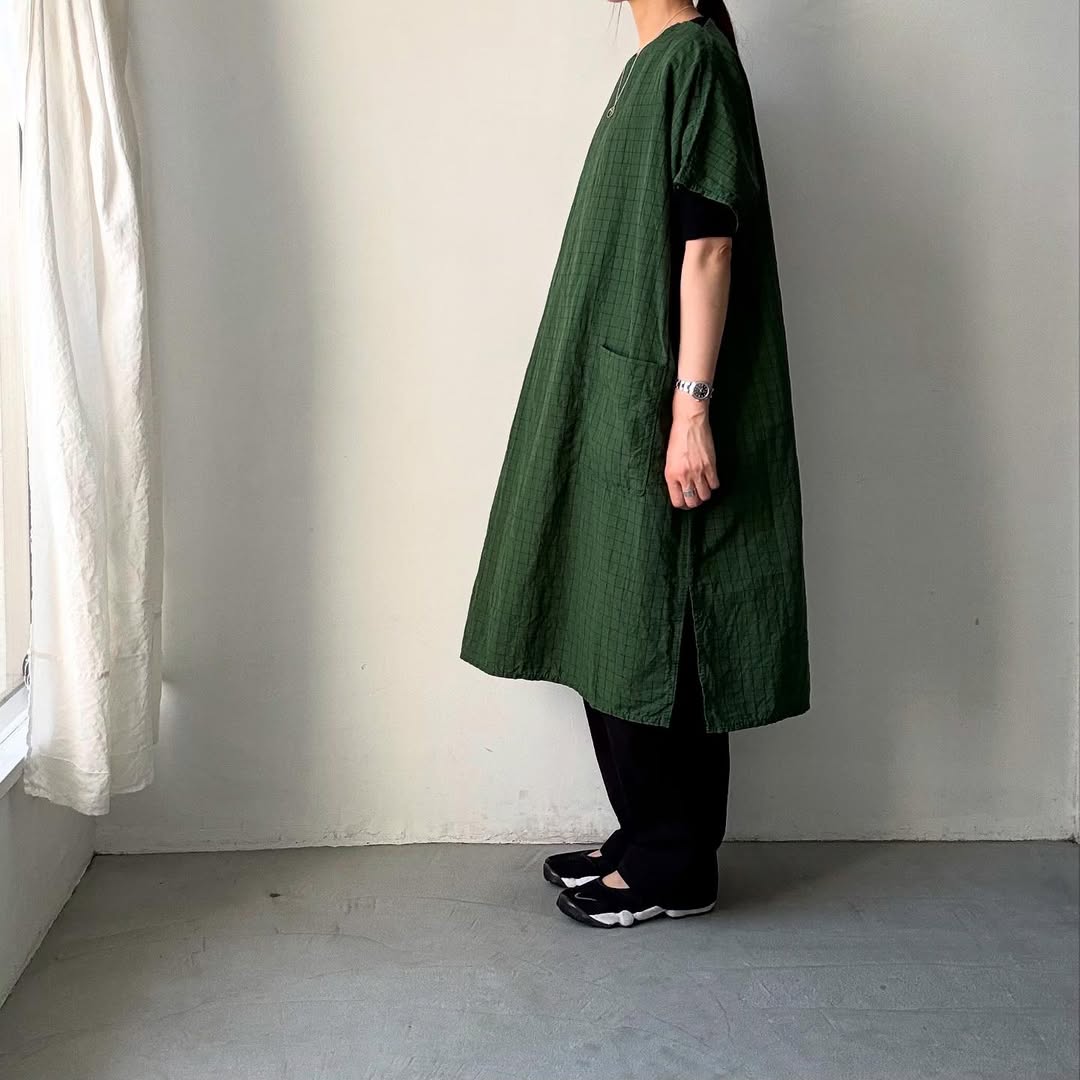homspun コットンリネンチェックワンピース　グリーンチェック