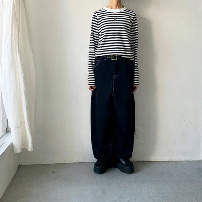 R&D.M.Co 裏起毛ボーダークルーネック長袖Tシャツ　ホワイト×ブラック