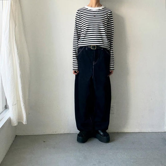 R&D.M.Co 裏起毛ボーダークルーネック長袖Tシャツ　ホワイト×ブラック