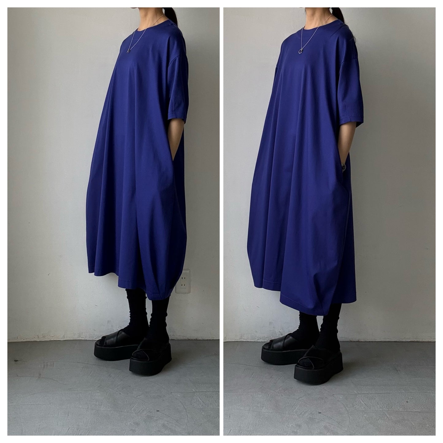 atelier naruse  コットンカットソーコクーンワンピース　ネイビーブルー