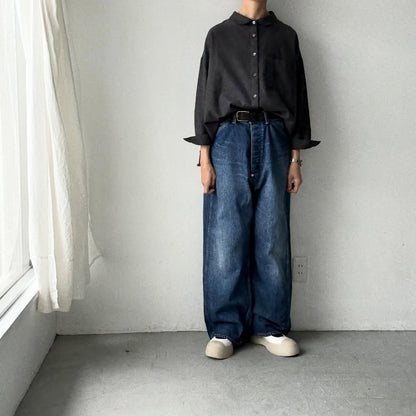 Linenya  コットンヤク丸襟長袖ブラウス　チャコール